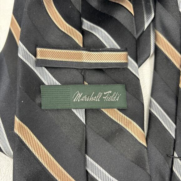 Marshall Fields Silk Tie Black with Silver Gold Repp Stripes 3.75" x 60" Inches - Picture 3 of 7